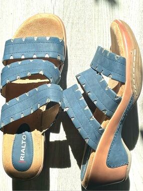 Rialto Sunnyside Navy Blue Silver Cutout Detail Strappy Wedge Sandals-Size 8.5